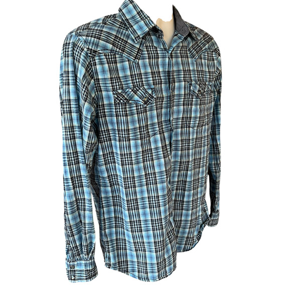 Moonshine Spirit Blue Plaid Western Slim Fit Shirt Pearl Snap Button Mens S - Picture 3 of 10